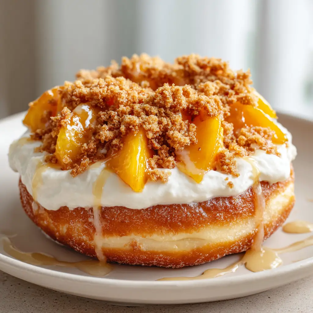 Peach Cobbler Cheesecake Donuts: The Ultimate Summer Gourmet Treat 1 Cross section of a Peach Cobbler Cheesecake Donut showing the pillowy fried yeast texture and glossy peach syrup drizzle.