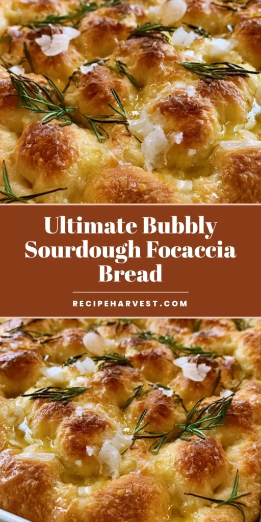 Sourdough Focaccia Bread: The Ultimate Bubbly and Crispy Guide 4 A top-down view of bubbly Sourdough Focaccia Bread in a metal pan with rosemary and sea salt.