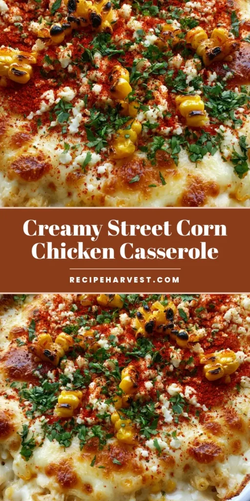 A close-up shot of Street Corn Chicken Casserole in a white dish with bubbling mozzarella, charred corn, and cilantro.