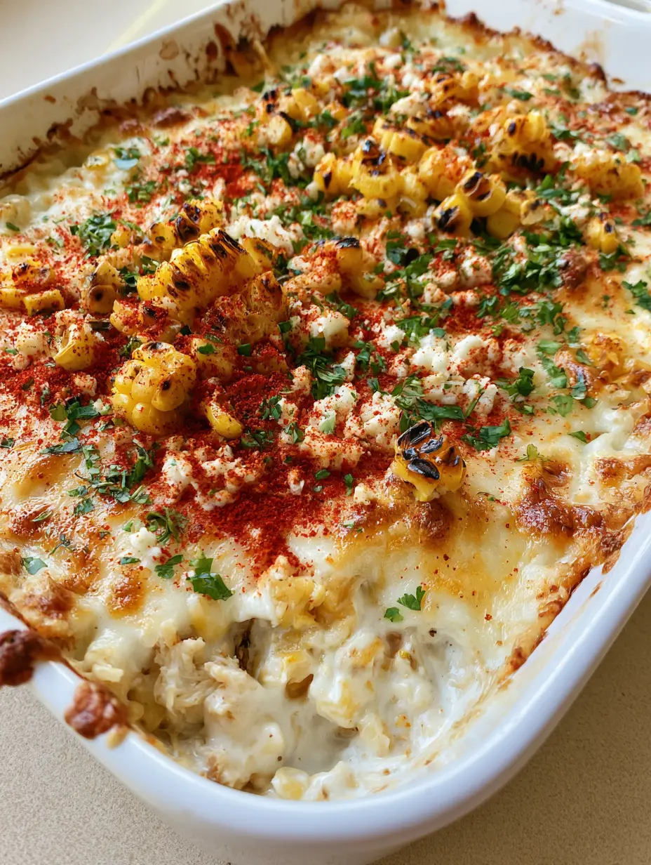 High-angle shot of Street Corn Chicken Casserole showing the golden brown cheese and fresh garnishes.