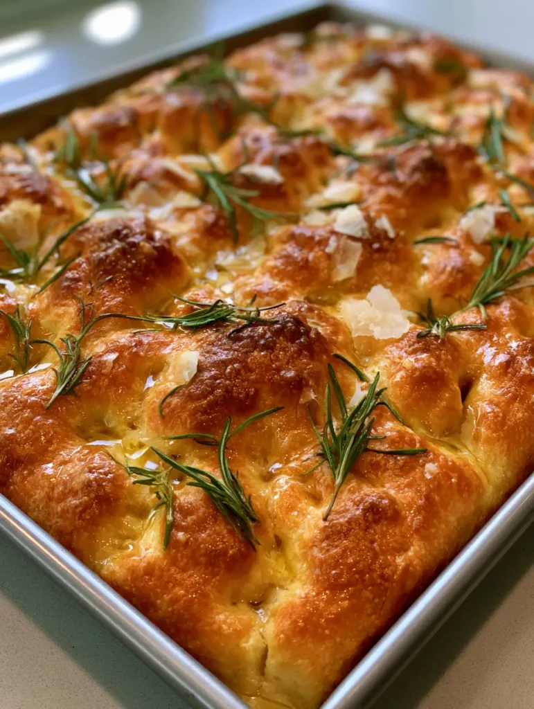 Sourdough Focaccia Bread: The Ultimate Bubbly and Crispy Guide 1 Golden brown baked Sourdough Focaccia Bread with glistening olive oil and rosemary.