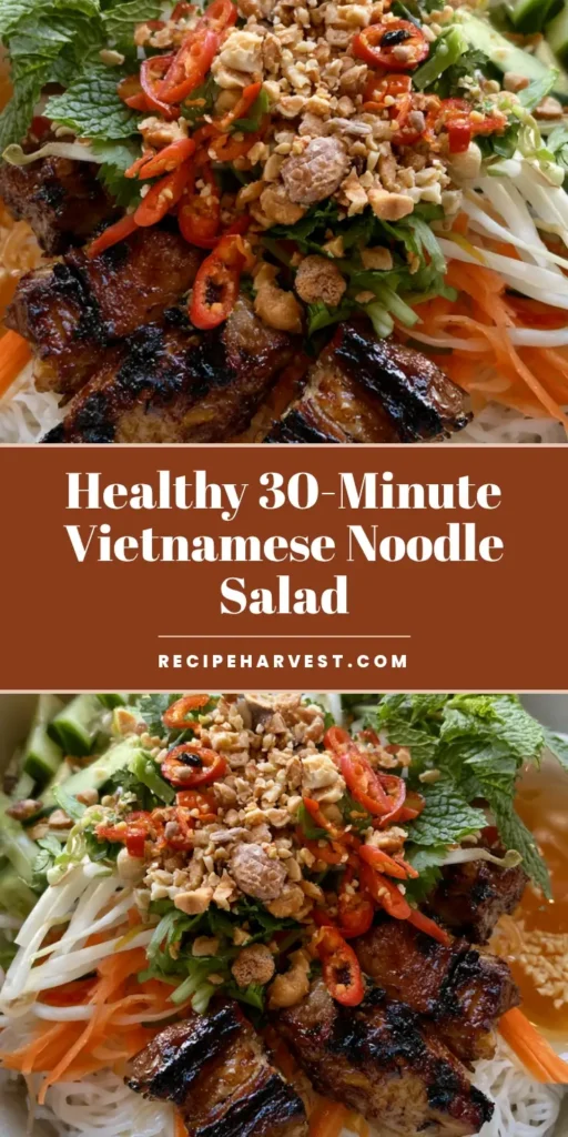 A handheld smartphone photo of a Vietnamese Noodle Salad in a matte white ceramic bowl featuring rice vermicelli, charred protein, and fresh herbs.
