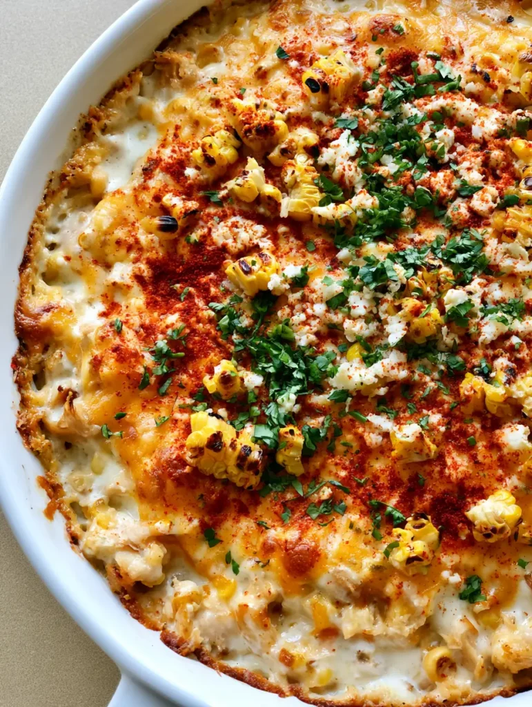 A close-up detail of charred corn kernels and chili powder on top of the casserole.