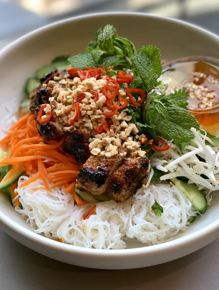 Close up of Vietnamese Noodle Salad showing julienned carrots, cucumber, and charred grilled protein.