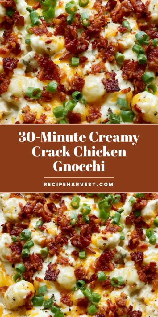 A rustic white skillet filled with Crack Chicken Gnocchi featuring creamy ranch sauce, melted cheddar, crispy bacon, and scallions.