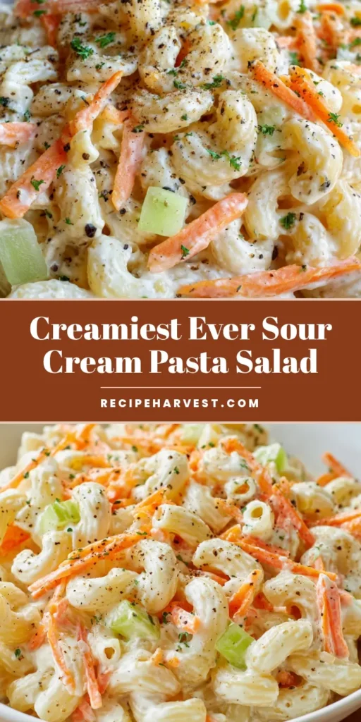 Sour Cream Pasta Salad: The Ultimate Creamy and Tangy Side Dish 4 A top-down view of a creamy Sour Cream Pasta Salad in a white bowl, showing orange carrots and green herbs.