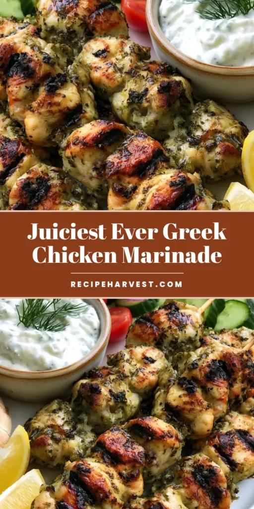 A close-up of grilled Greek Chicken Marinade skewers with dark char marks served on a platter with tzatziki and pita.