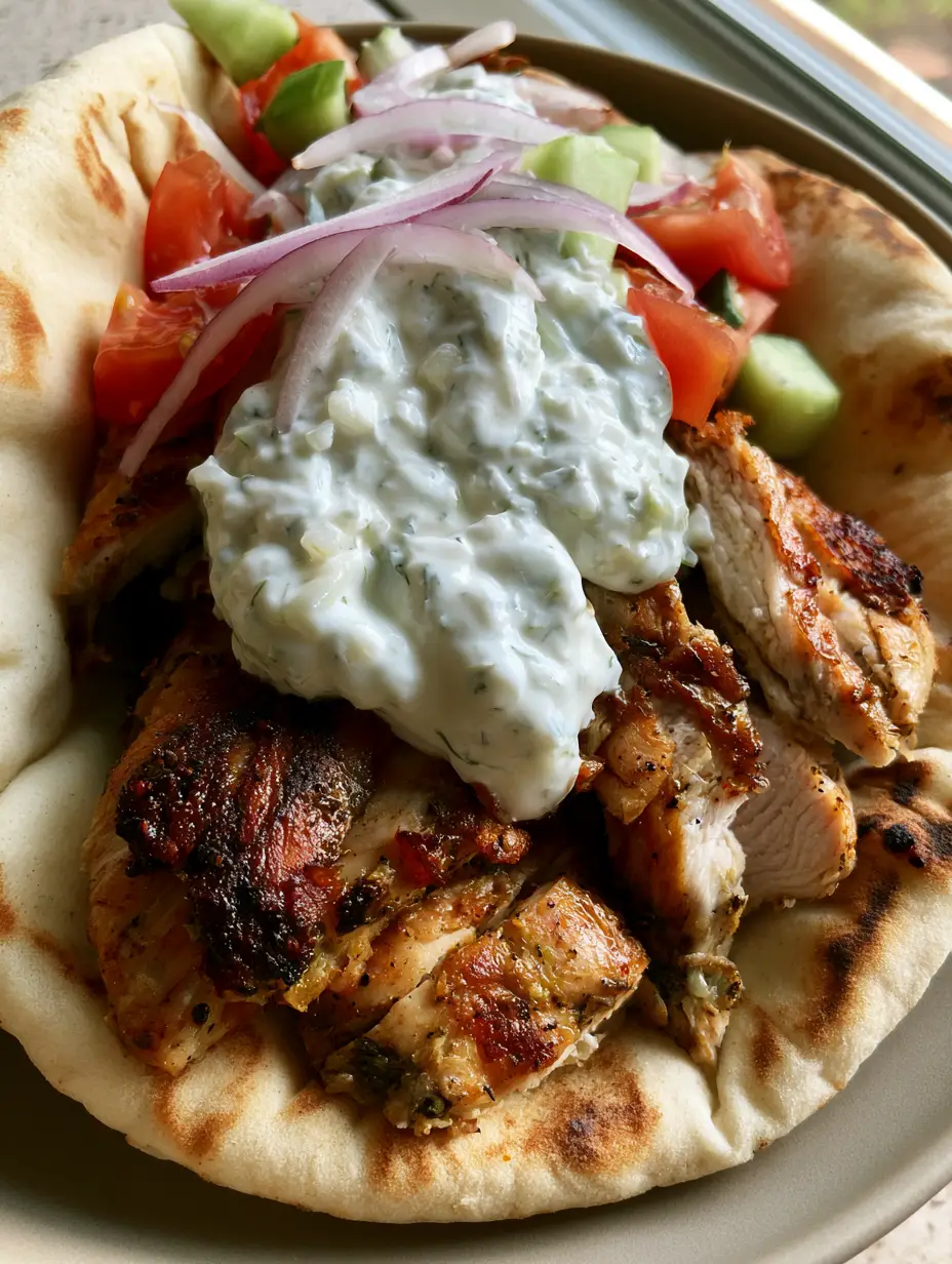 Close-up of seared chicken breast strips with lemon-herb seasoning in a Greek Chicken Gyro.