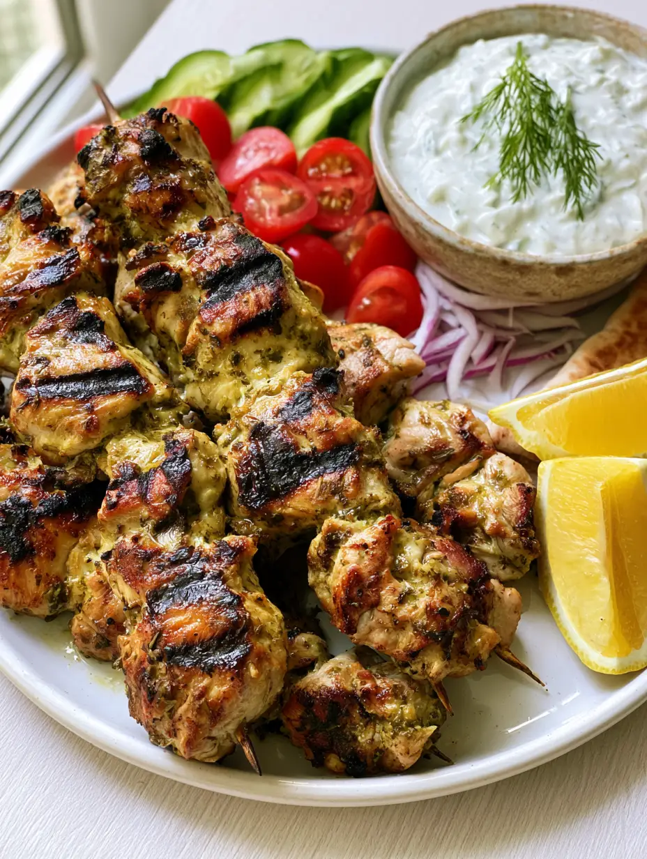 Handheld photo of golden-brown grilled chicken pieces with Greek Chicken Marinade on skewers.