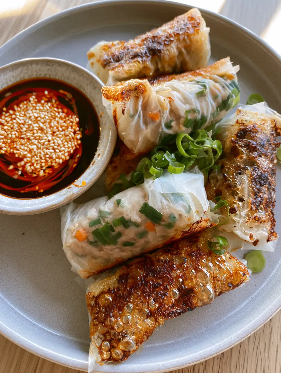 Close up of pan-fried Rice Paper Dumplings showing translucent skin and pork chive filling.