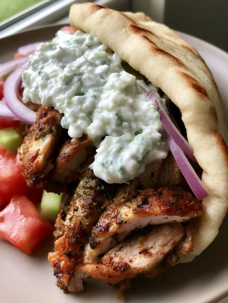 A Greek Chicken Gyro folded in a thick pita with fresh tomatoes and cucumbers.