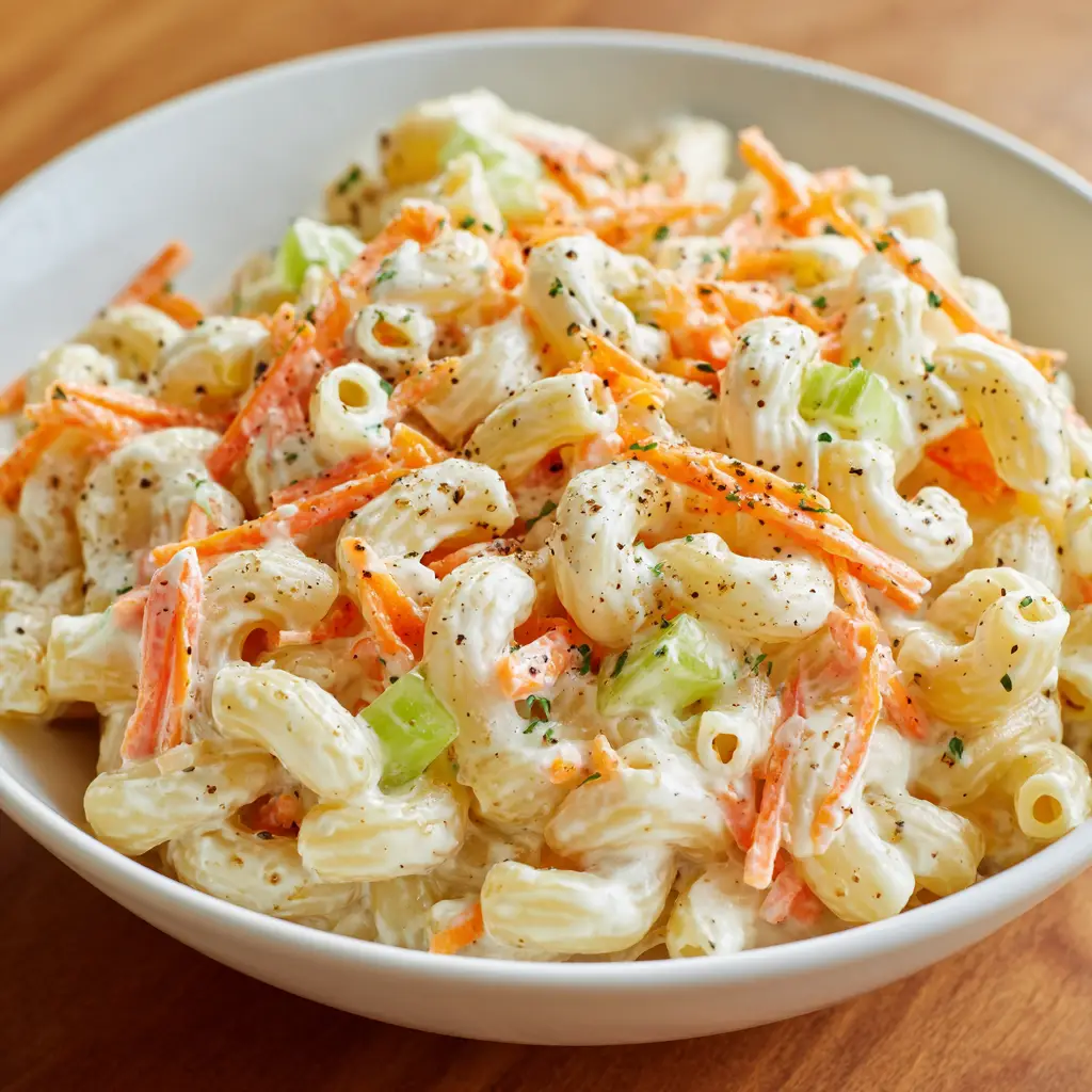 Sour Cream Pasta Salad: The Ultimate Creamy and Tangy Side Dish 2 Close-up of pale-yellow elbow macaroni in a thick, velvety white sour cream sauce with shredded carrots. (Sour Cream Pasta Salad)