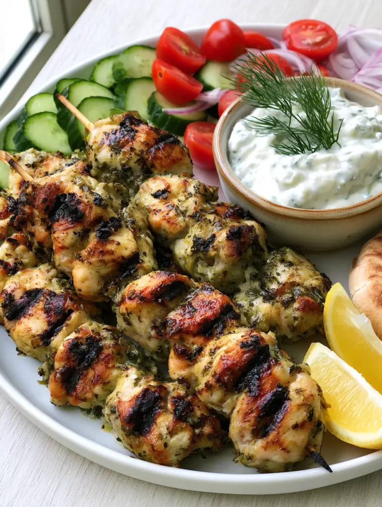 Mediterranean platter featuring Greek Chicken Marinade, cherry tomatoes, cucumbers, and creamy tzatziki.