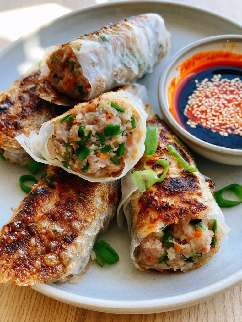 Golden brown charred bottom of a Rice Paper Dumpling with dipping sauce.