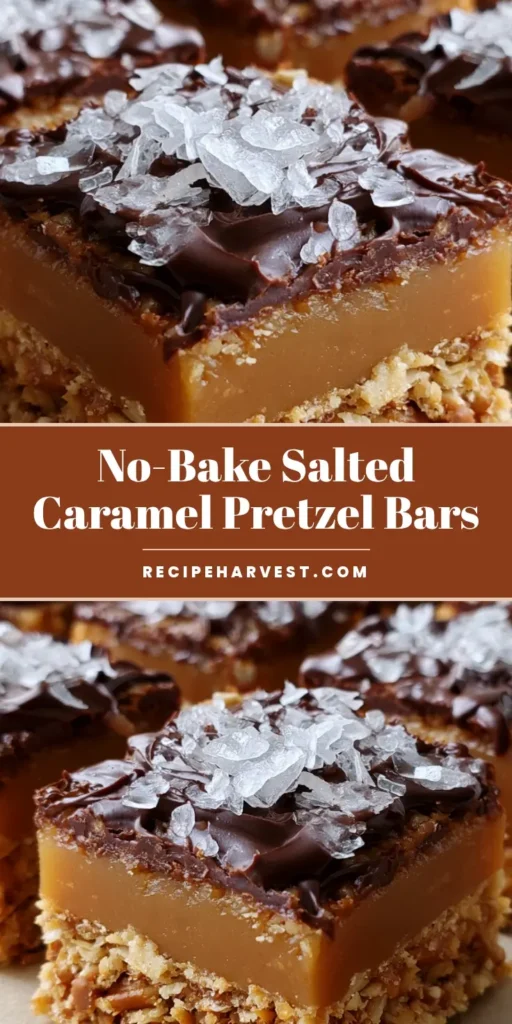 Salted Caramel Pretzel Bars: The Ultimate Salty-Sweet Dessert Recipe 4 A tall vertical Pinterest pin showing a close-up of three-layered Salted Caramel Pretzel Bars on parchment paper with dark chocolate drizzle.