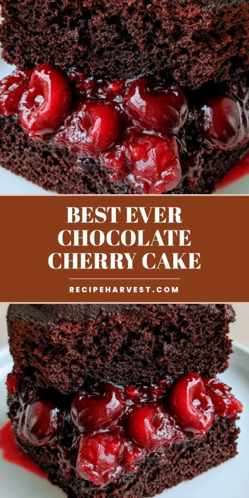 A tall slice of Chocolate Cake with Cherry Pie Filling showing two layers of dark sponge and glossy red cherries on a white plate.