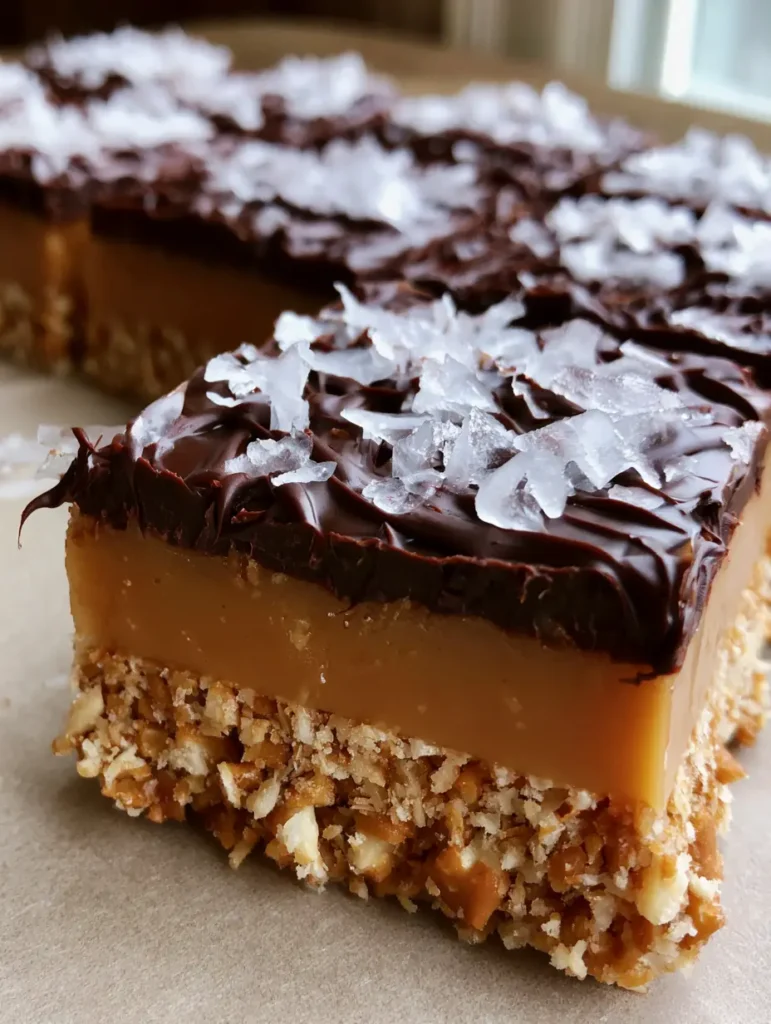 Extreme close-up of the layers of Salted Caramel Pretzel Bars showing the crushed pretzel crust and amber caramel.