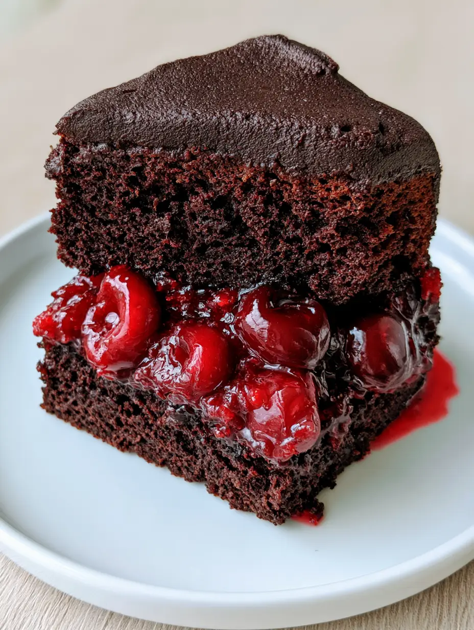 Handheld smartphone photo of a thick slice of Chocolate Cake with Cherry Pie Filling with glossy syrup oozing on a white ceramic plate.