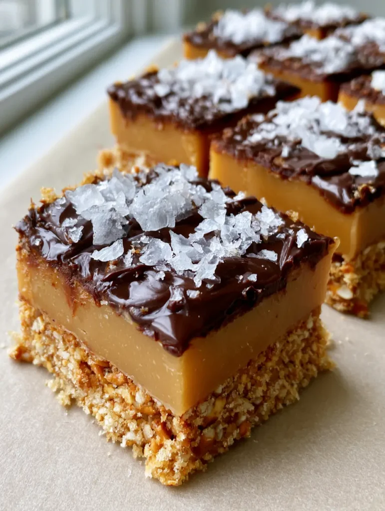 Salted Caramel Pretzel Bars: The Ultimate Salty-Sweet Dessert Recipe 1 Overhead view of several Salted Caramel Pretzel Bars sliced into neat squares on parchment paper.