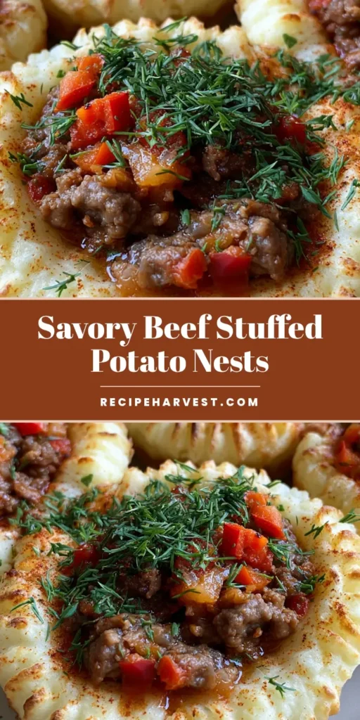 Stuffed Mashed Potato Nests with Savory Beef and Fresh Dill 4 A handheld smartphone photo of several Stuffed Mashed Potato Nests on a neutral plate, featuring golden-brown ridges and a glistening beef and red pepper filling topped with fresh dill.
