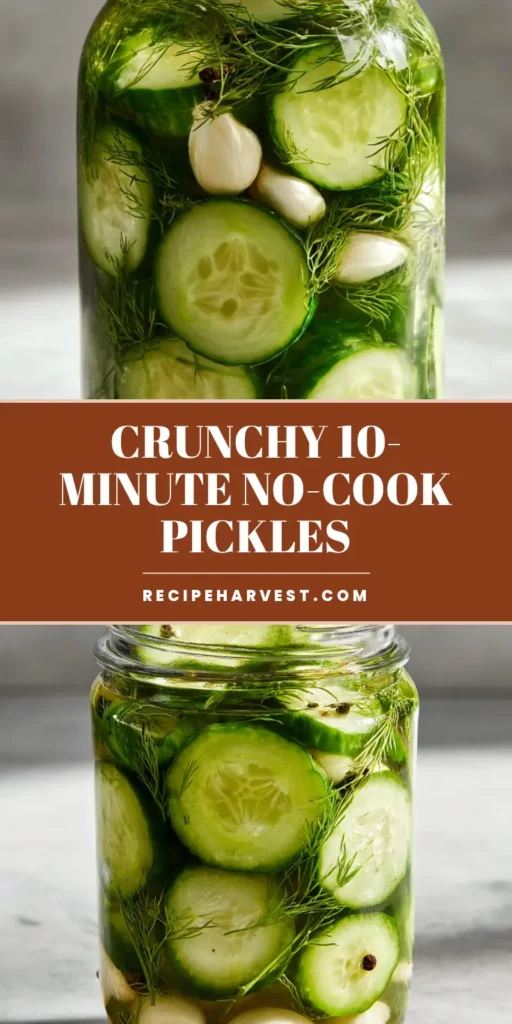 A vertical mason jar packed with Refrigerator Pickles, fresh dill, and garlic cloves on a stone surface.