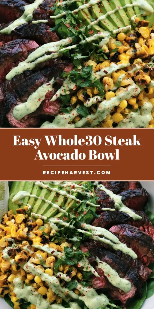 Steak and Avocado Bowl with Creamy Cilantro Lime Sauce 4 A vibrant Steak and Avocado Bowl in a matte white bowl featuring seared steak strips, fanned avocado, charred corn, and a creamy green sauce drizzle.