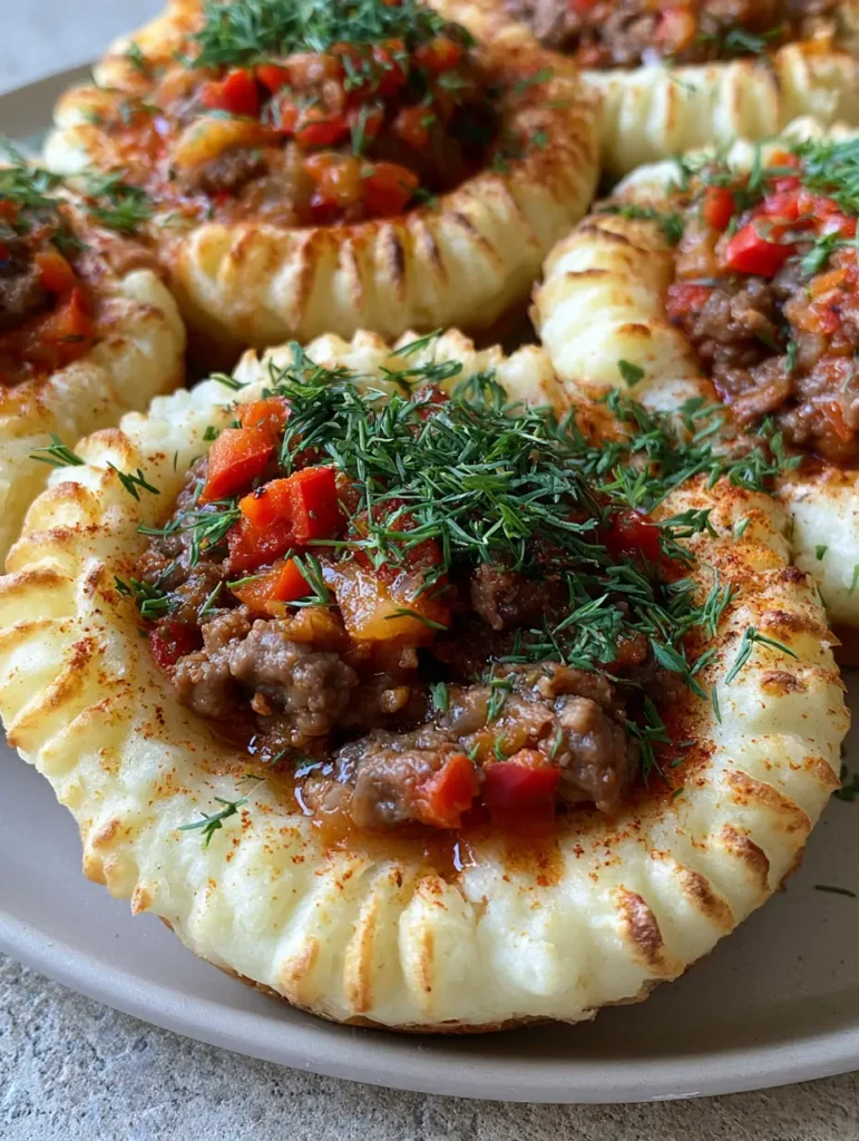 Stuffed Mashed Potato Nests with Savory Beef and Fresh Dill 2 Close-up of Stuffed Mashed Potato Nests on a neutral plate, showing the toasted ridges and fresh dill garnish.