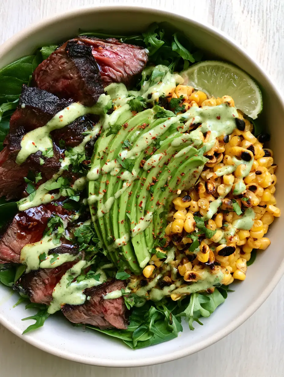 Steak and Avocado Bowl with Creamy Cilantro Lime Sauce 3 Top-down view of a Steak and Avocado Bowl with medium-rare steak, bright green avocado, and charred corn kernels.