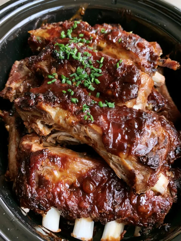 Crockpot BBQ Ribs: The Best Fall-Off-The-Bone Mahogany Glazed Ribs 1 Glossy mahogany brown BBQ ribs with caramelized edges and fresh green chives. (Crockpot BBQ Ribs)