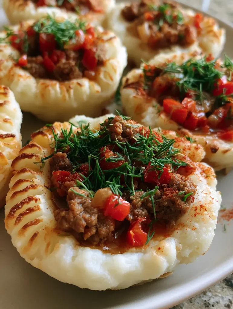 Stuffed Mashed Potato Nests with Savory Beef and Fresh Dill 1 Multiple Stuffed Mashed Potato Nests filled with beef and peppers, garnished with smoked paprika and dill on a stone background.