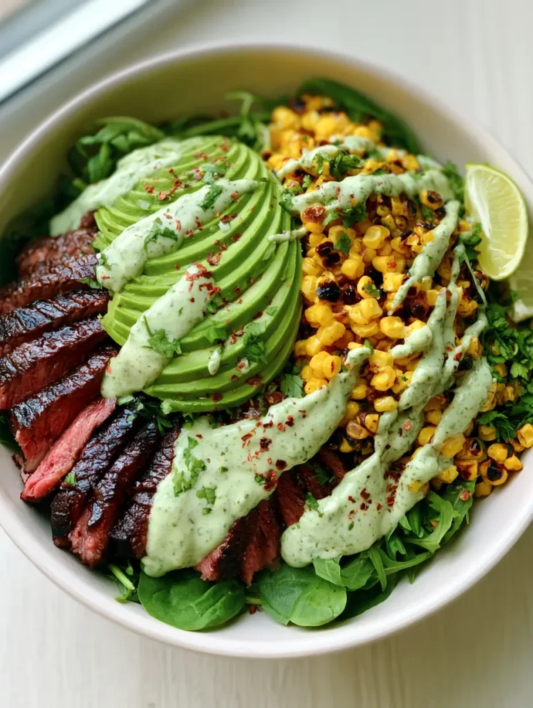 Steak and Avocado Bowl with Creamy Cilantro Lime Sauce 1 Steak and Avocado Bowl featuring a creamy cilantro lime sauce zig-zag pattern and a lime wedge garnish.