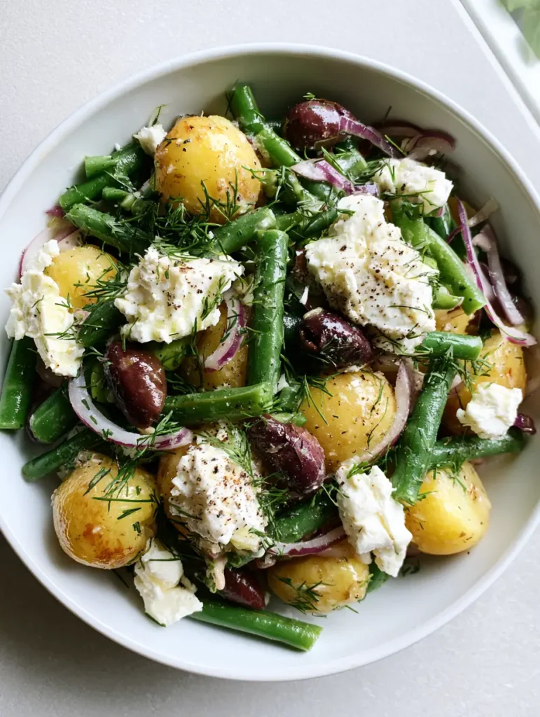 Close-up handheld smartphone photo of Mediterranean Greek Potato Salad featuring boiled yellow potatoes, blanched green beans, and rustic feta crumbles.