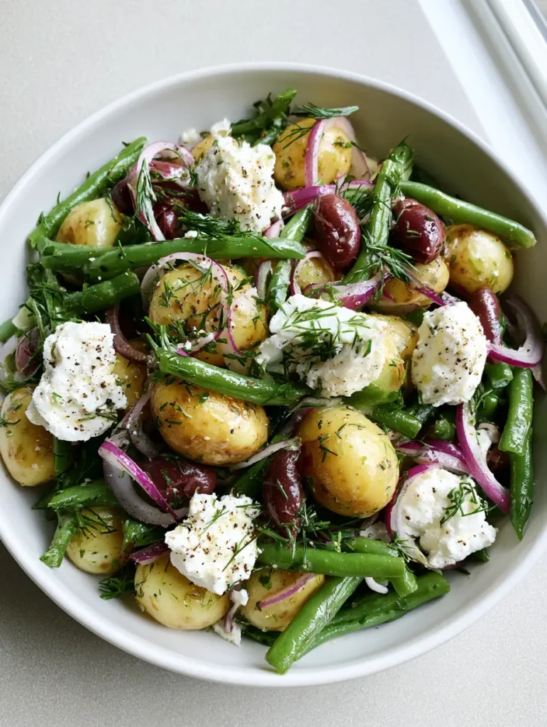 Greek Potato Salad: The Best No-Mayo Mediterranean Side Dish 1 A wide shot of a Greek Potato Salad in a white bowl showing the contrast of snap-crisp green beans and purple Kalamata olives.