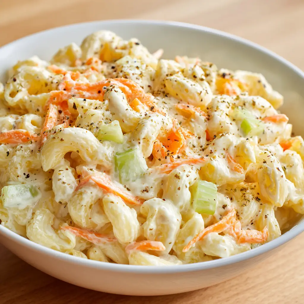 Sour Cream Pasta Salad: The Ultimate Creamy and Tangy Side Dish 1 Side view of a white bowl overflowing with Sour Cream Pasta Salad on a wooden table with natural light.