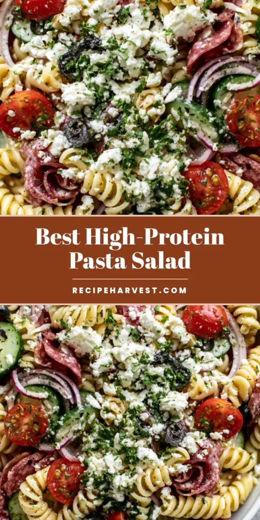 A vertical shot of High-Protein Italian Pasta Salad featuring rotini, salami, and feta cheese, optimized for Pinterest. (High-Protein Italian Pasta Salad)