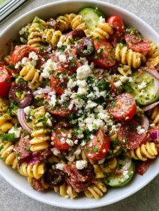 Top-down view of High-Protein Italian Pasta Salad with rotini, salami quarters, and crumbled feta in a white bowl. (High-Protein Italian Pasta Salad)