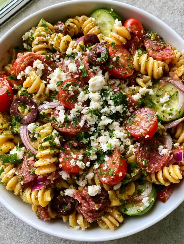 Top-down view of High-Protein Italian Pasta Salad with rotini, salami quarters, and crumbled feta in a white bowl. (High-Protein Italian Pasta Salad)