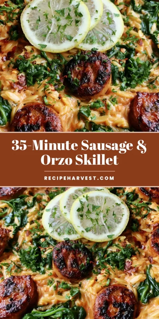 Chicken Sausage and Orzo Skillet: The Creamy 30-Minute One-Pan Meal 4 A rustic black cast iron skillet filled with creamy Chicken Sausage and Orzo Skillet, garnished with lemon slices, fresh parsley, and red pepper flakes.