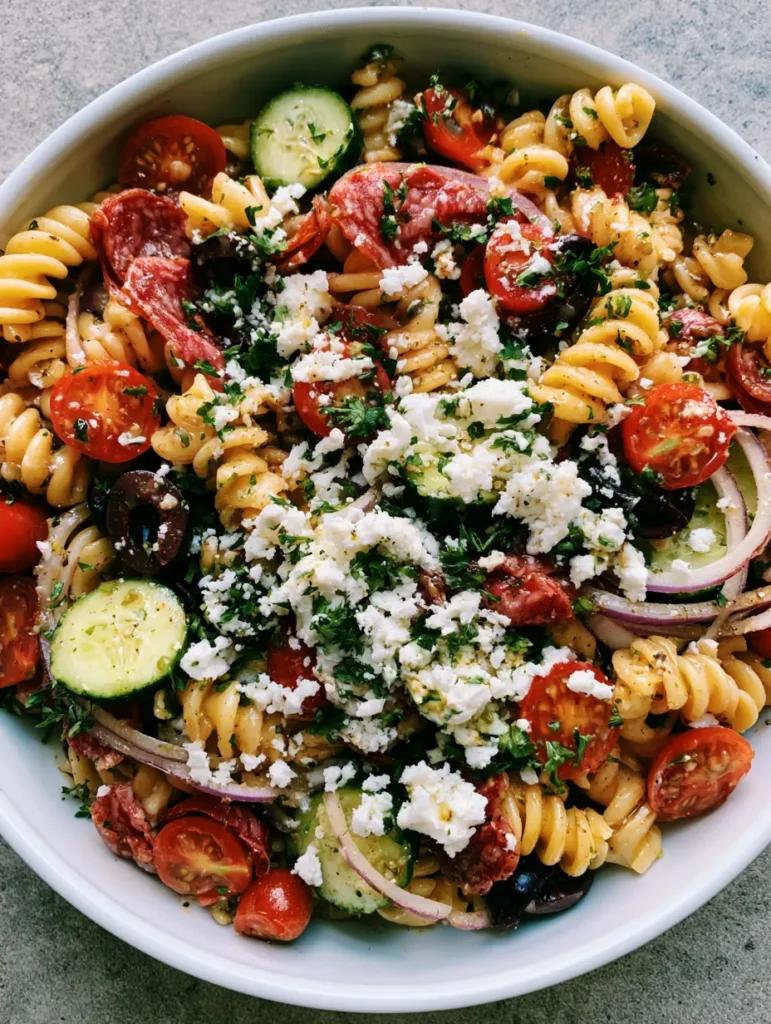 Close-up of High-Protein Italian Pasta Salad showing the glistening herb vinaigrette and fresh English cucumbers.