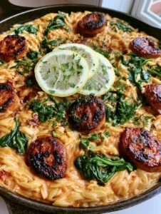 Top-down close-up of seared chicken sausage rounds and tender orzo in a creamy orange tomato sauce. (Chicken Sausage and Orzo Skillet)