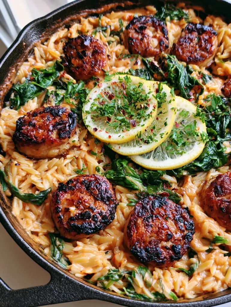 Chicken Sausage and Orzo Skillet: The Creamy 30-Minute One-Pan Meal 1 Close up view of wilted spinach and creamy orzo pasta with charred chicken sausage slices.