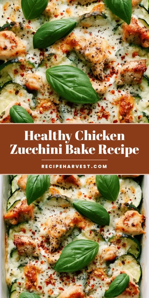Chicken Zucchini Bake with Bubbly Mozzarella and Fresh Basil 4 A close-up shot of a Chicken Zucchini Bake in a white ceramic dish featuring golden chicken chunks, green zucchini rounds, and bubbly toasted mozzarella topped with basil.