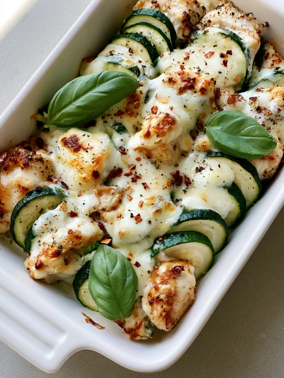Chicken Zucchini Bake with Bubbly Mozzarella and Fresh Basil 3 Overhead view of a Chicken Zucchini Bake showing the alternating layers of zucchini and seared chicken under melted cheese.