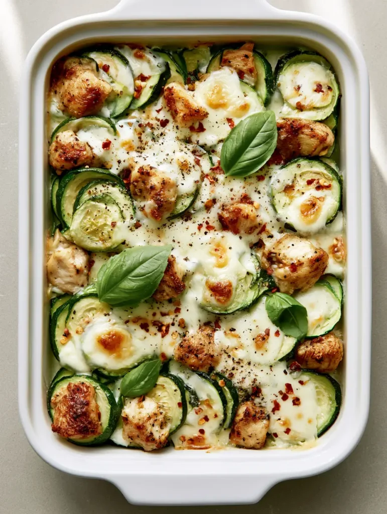Chicken Zucchini Bake with Bubbly Mozzarella and Fresh Basil 1 Chicken Zucchini Bake garnished with fresh basil leaves and red pepper flakes on a gray background.