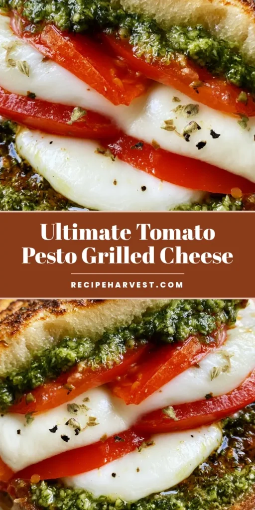 Tomato Pesto Grilled Cheese: The Ultimate Gourmet Sourdough Sandwich 4 A handheld gourmet Tomato Pesto Grilled Cheese sandwich with gooey mozzarella, vibrant pesto, and sliced tomatoes on toasted sourdough.