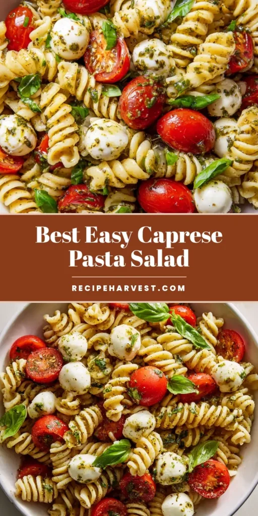 A top-down shot of a Caprese Pasta Salad featuring rotini, mozzarella pearls, and halved cherry tomatoes in a white bowl.