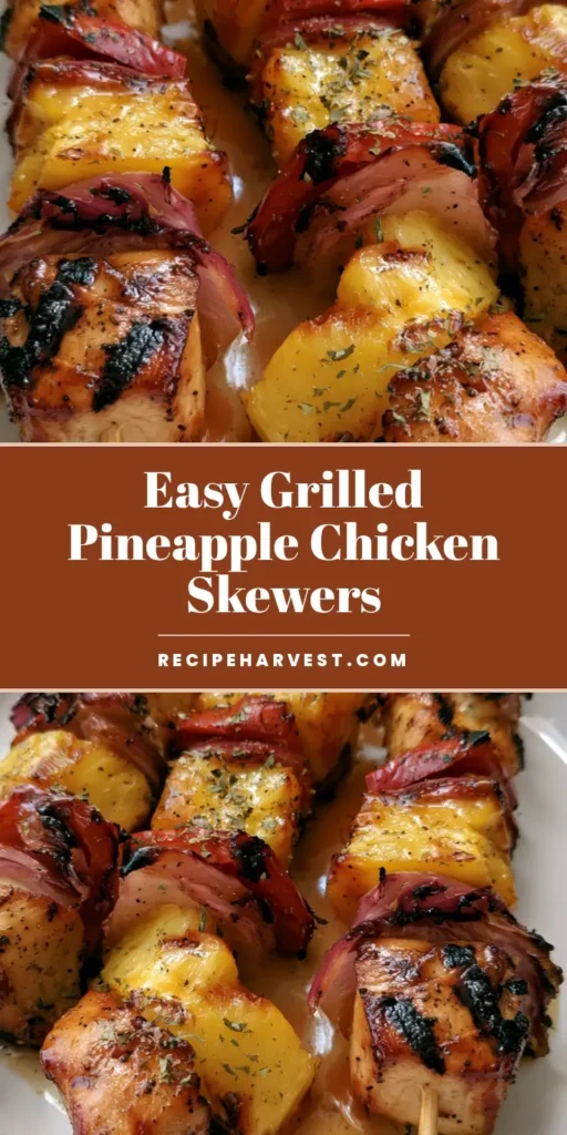 Pineapple Chicken Kabobs: The Ultimate Grilled Summer Meal 4 Three wooden skewers of Pineapple Chicken Kabobs with charred chicken, caramelized pineapple, and red peppers on a white plate.