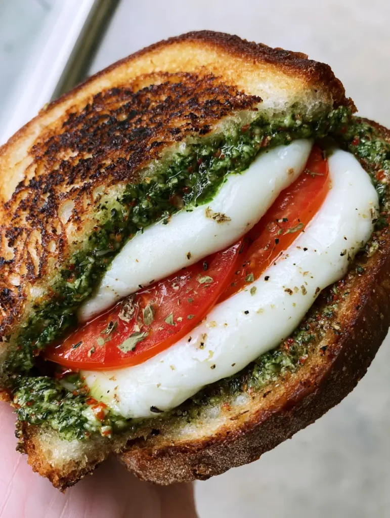 Close up of a Tomato Pesto Grilled Cheese showing the golden charred crust of the sourdough bread.