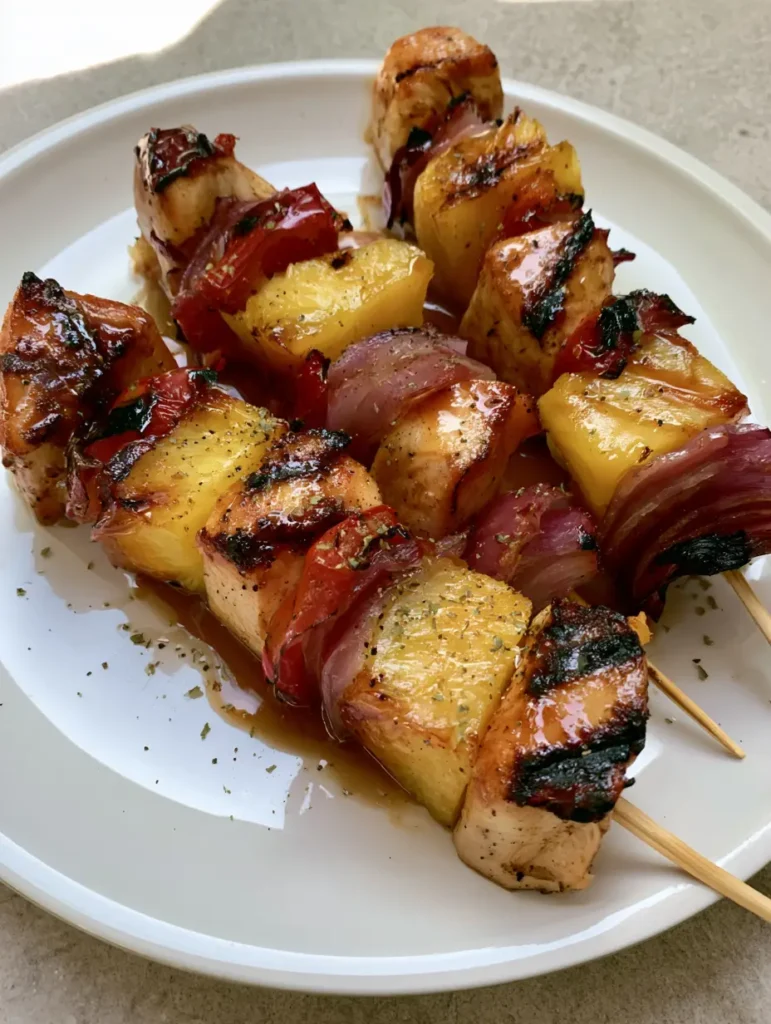 Pineapple Chicken Kabobs: The Ultimate Grilled Summer Meal 2 Close-up of Pineapple Chicken Kabobs showing glistening glaze and dark grill marks on a white ceramic plate.