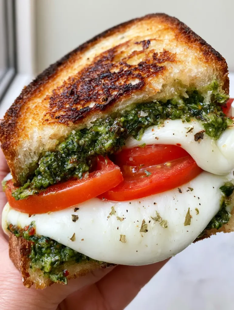 Tomato Pesto Grilled Cheese: The Ultimate Gourmet Sourdough Sandwich 1 Interior view of Tomato Pesto Grilled Cheese with melted mozzarella, red tomatoes, and green basil pesto.
